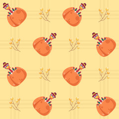 Cartoon Turkey Bird Inside Pumpkin Decorated On Yellow Square Pattern Background.