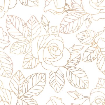 Seamless gold rose pattern on white background