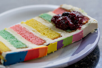 Delicious cake with striking colors and rainbow theme.