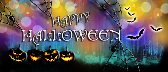 Obraz na płótnie Canvas Halloween banner. Orange halloween illustration with scary pumpkins, spiders, spider webs and bats.