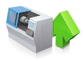 CNC machine tool with a green rising arrow