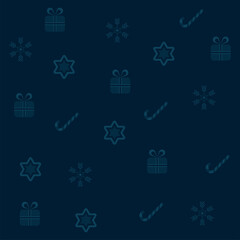 Fototapeta na wymiar Blue Background Decorated With Gift Boxes, Candy Cane, Snowflake And Stars.
