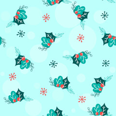Turquoise Circles Background Decorated With Leaves And Berries.