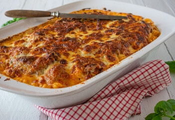Pasta Casserole with bolognese sauce, bechamel sauce and mozzarella cheese