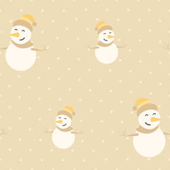 Beige Dotted Pattern Background Decorated With Cartoon Snowman Wear Woolen Clothes.