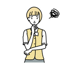 立って手をあごにあてて困っている事務員制服の女性