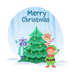 Decorative Xmas Tree With Cartoon Elf, Raccoon, Reindeer On Blue And White Snowy Background For Merry Christmas Concept.