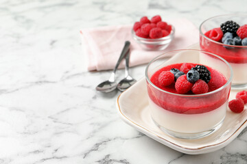 Delicious panna cotta with fruit coulis and fresh berries served on white marble table. Space for...
