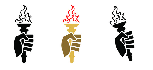 Cartoon hand holding a torch withe flame. Flaming torchs pictogram. Burning fire or flame logo. Sport fire sign. Competitions, athletic, champion, sports game or freedom torches with flames icon. 