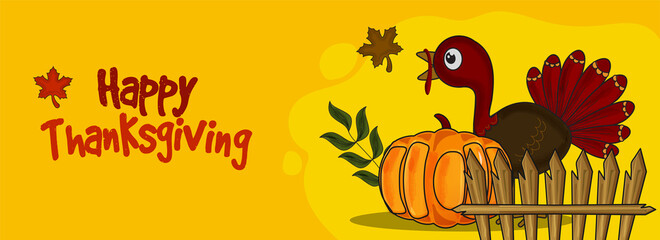 Happy Thanksgiving Banner Or Header Design With Cartoon Turkey Bird, Pumpkin And Autumn Leaves On Yellow Background.