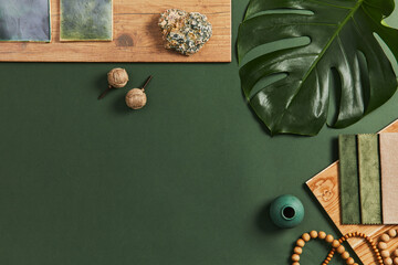 Stylish flat lay composition of creative architect moodboard design with samples of building,...