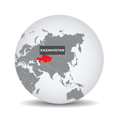 World globe map with the identication of Kazakhstan. Map of Kazakhstan. Kazakhstan on grey political 3D globe. Asia map. Vector stock.