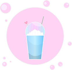 Milkshake with cream in flat style, blue takeaway cup. Illustration for menu. Isolated icon