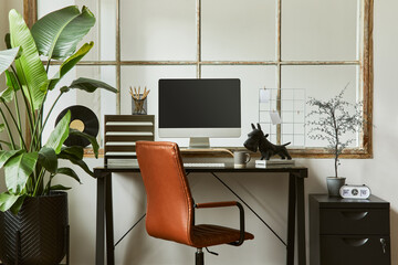 Creative composition of modern masculine home office workspace interior design with black industrial desk, brown leather armchair, pc and stylish personal accessories. Template.