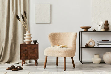 Creative composition of cozy living room interior design with mock up structure painting, fluffy...