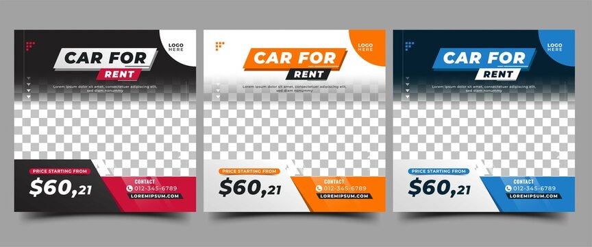 Set of Social media post template design for car rental or auto services. Modern promotional banner with place for the photo. Usable for social media, banner, and website.