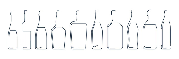 Bottle continuous line wine vodka champagne whiskey liquor vermouth rum martini tequila beer in linear style on white background. Solid black thin outline. Flat illustration. Contour drink symbol