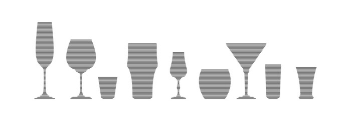 Champagne, wine, vodka, beer liquor whiskey martini rum tequila glass in minimalist linear style. Silhouette of glassware performed in the form of black thin lines. Set alcohol objects in a row. 