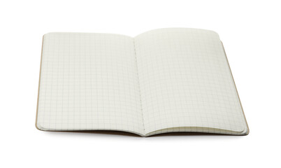 Stylish open notebook with blank sheets on white background