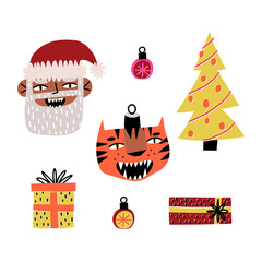 Funky and funny Christmas, New Year collection. Bright Christmas tree, presents, baubles, happy Santa Claus, the tiger.