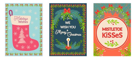 Naklejka premium Christmas and Happy New Year templates. Trendy retro style.