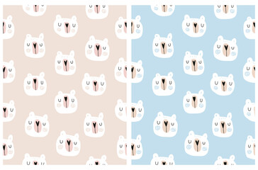 Hand Drawn Seamless Vector Patterns with Cute Dreamy Polar Bears. Infantile Style Woodland Print. Simple Abstract White Bear Heads Isolated on a Pastel Blue and Dusty Beige Background.