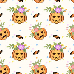 Cute Halloween pumpkin with flowers seamless pattern.