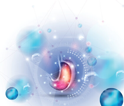 Stomach health and treatment concept on a scientific background with light triangle lines and blue balls.