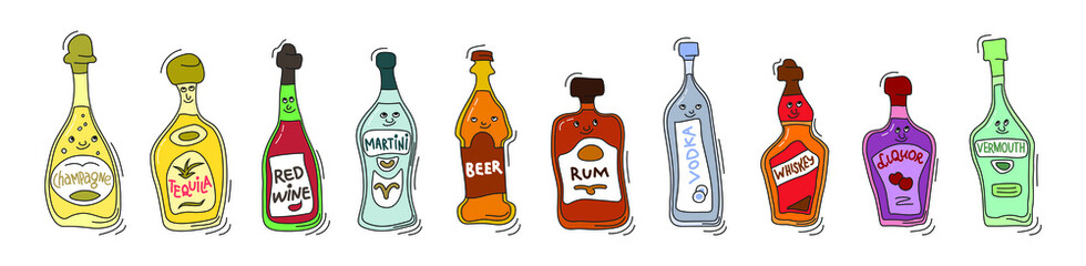 Champagne, tequila red wine martini beer rum vodka whiskey liquor and vermouth with smile on white background. Cartoon sketch design. Doodle style with black contour line. Cute hand drawn bottle.