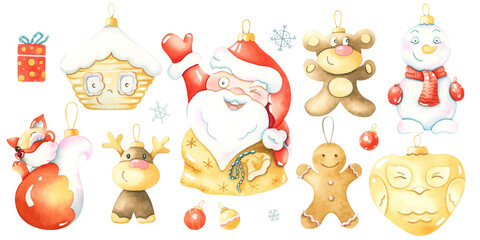 New year traditional symbols collection. Watercolor christmas toys.