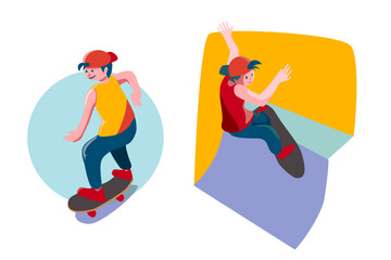 Set of boys are riding on skateboard in skate part. Illustration of young man are playing skateboard and surfskate happily.