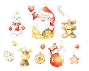 New year traditional symbols collection. Watercolor christmas toys.