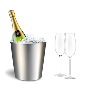 Champagne bottle with ice and transparent glasses, isolated on white background.