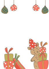 シンプルなクリスマスのクマとプレゼントの手書きフレーム素材
