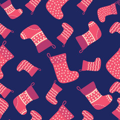 Christmas seamless pattern with red Christmas socks with snowflakes, specks