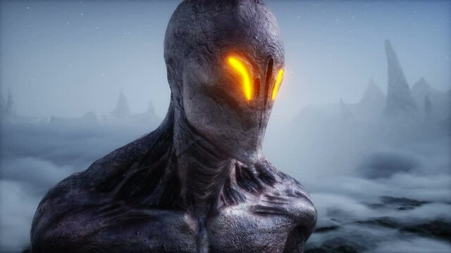 Alien on alien planet. Mars surface. UFO concept. Realistic 4k animation.