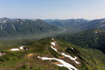 Beautiful mountain landscape of Vilyuchinsky Pass at sunny day. Kamchatka Peninsula, Russia