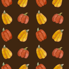 Seamless pattern. Orange, yellow pumpkins on a brown background. For backdrop, fabric, paper, wrapping, print.