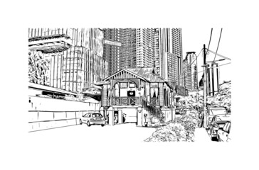 Building view with landmark of Kuala Lumpur Malaysia. Hand drawn sketch illustration in vector.