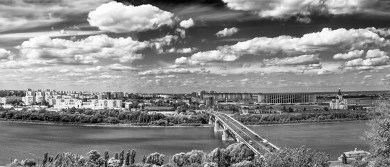 Panorama of Nizhny Novgorod, Russia. The Orthodox Cathedral of Alexander Nevsky, the soccer stadium and the bridge 