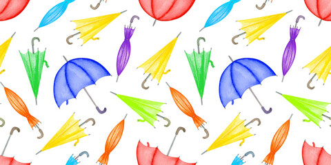 Fototapeta na wymiar Summer pattern with colored umbrellas painted in watercolor by hand. Ideal for fabric, paper, packaging, cover design.
