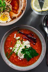 A set of soups from world cuisines, healthy food. Cream soup wit
