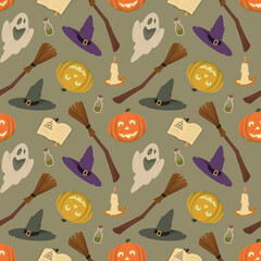 Seamless pattern with magic hats, pumpkins, brooms, books and ghosts. The elements are isolated on a green background. Perfect for Halloween design: background, paper, fabric, label, postcard