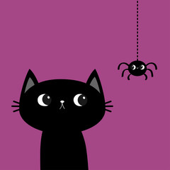 Black cat kitten. Hanging spider. Happy Halloween. Bones text font. Bone letter type. Cute cartoon kawaii character. Pet baby collection. Greeting card. Flat design. Violet background. Isolated.