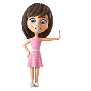 Character cartoon beautiful girl in a pink dress and blue eyes shows leaning against an empty board. 3d render illustration.