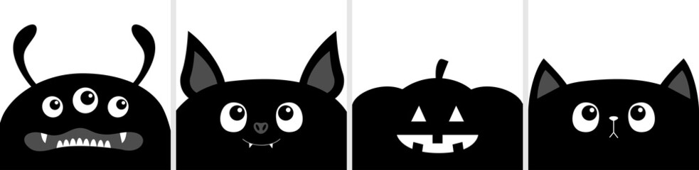 Black bat, cat kitten head face, monster, pumpkin set line. Cute cartoon pet character. Happy Halloween. Bones text font. Bone letter type. Greeting card. Flat design. White background. Isolated.