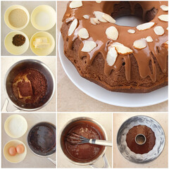 Collage of 6 photos how to make chocolate cake step by step