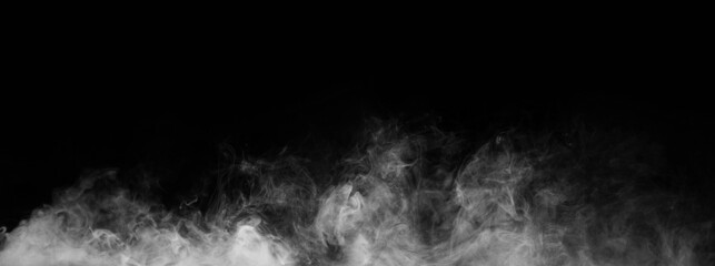 Panoramic view of the abstract fog. White cloudiness, mist or smog moves on black background. Beautiful swirling gray smoke. Mockup for your logo. Wide angle horizontal wallpaper or web banner.
