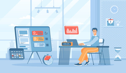 Time management. Business workflow planning and organization. Online task manager. Personal productivity. Flat cartoon vector illustration with people characters for banner, website design or landing 