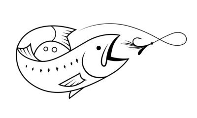 Salmon fishing symbol drawing with black lines on white